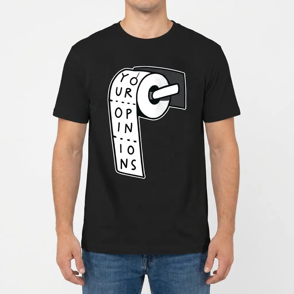 Funny Your Opinions Toilet Paper T-Shirt 4 Front view of a man wearing a black t-shirt with a graphic of a toilet paper roll printed with YOUR OPINIONS.