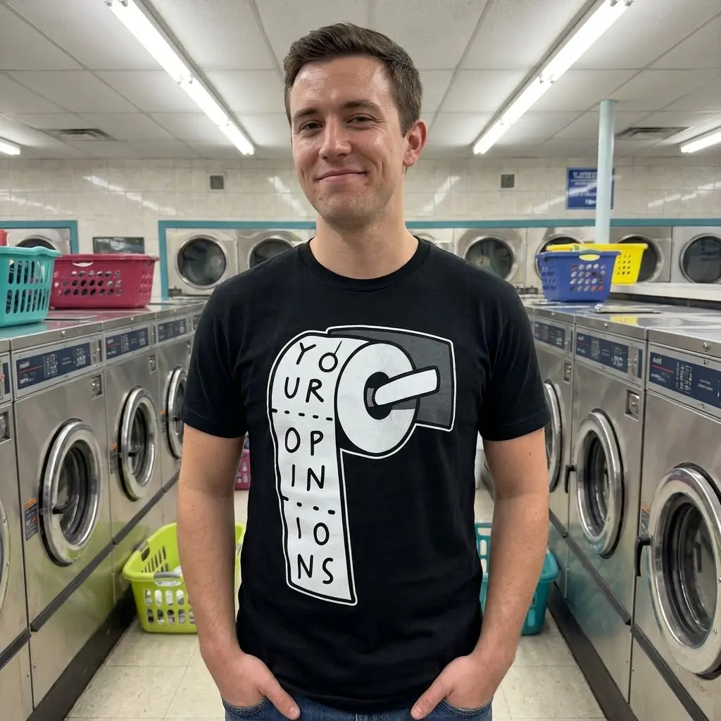 Funny Your Opinions Toilet Paper T-Shirt 5 Lifestyle shot of a black t-shirt with a sarcastic toilet paper roll graphic stating YOUR OPINIONS.