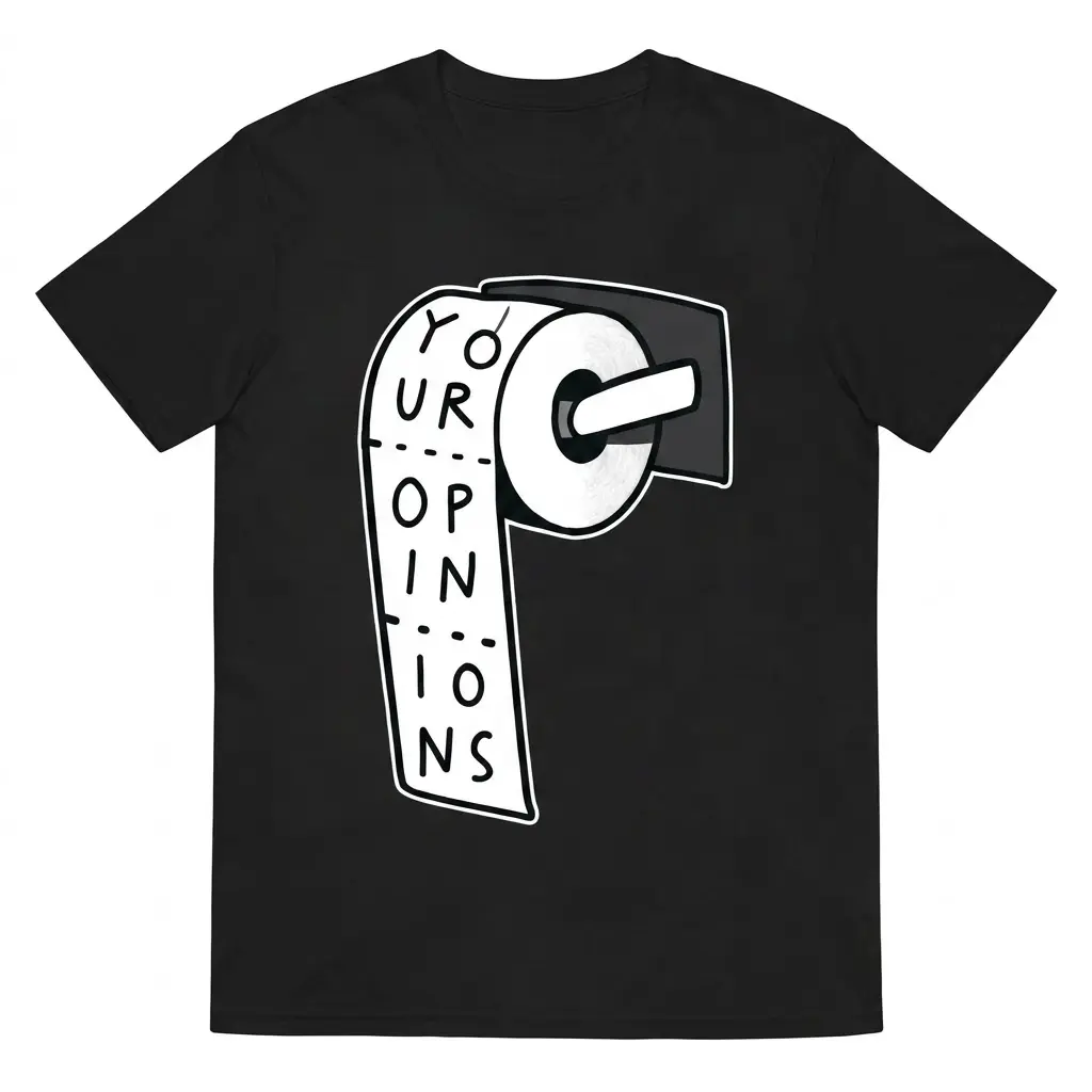Funny Your Opinions Toilet Paper T-Shirt 1 Black t-shirt flat lay with a sarcastic graphic of a toilet paper roll printed with the text YOUR OPINIONS.