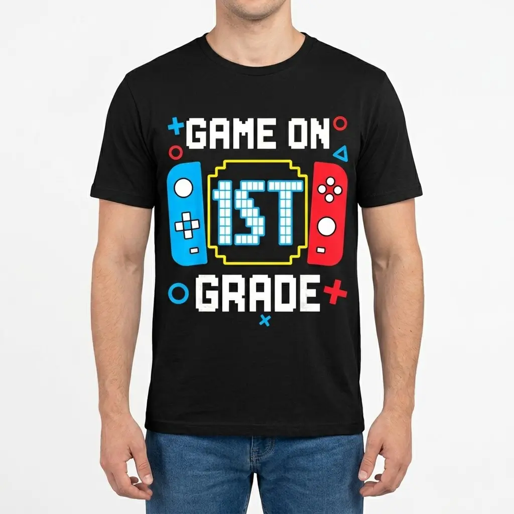Game On 1st Grade T-Shirt for Kids 4 Model wearing 'Game On 1st Grade' t-shirt, front view.