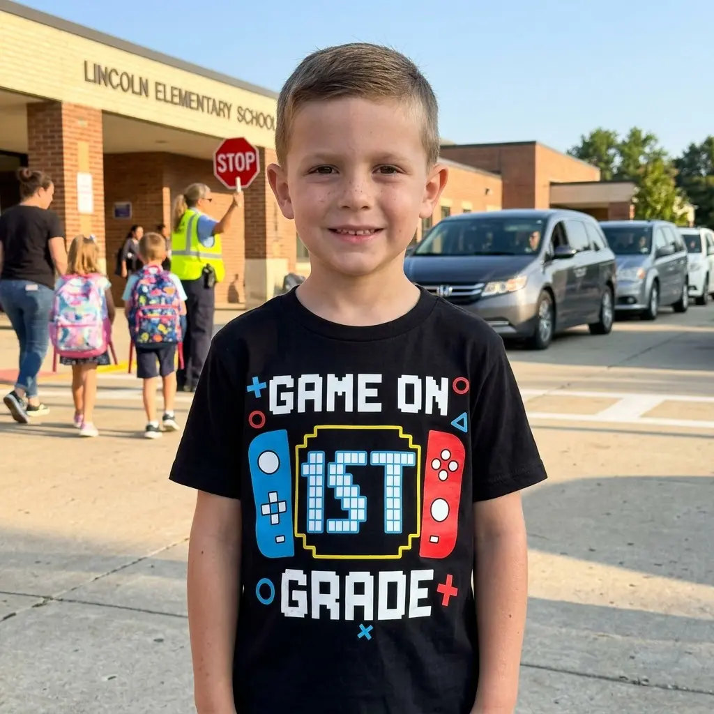Game On 1st Grade T-Shirt for Kids 5 Child wearing 'Game On 1st Grade' shirt for a fun, playful vibe.