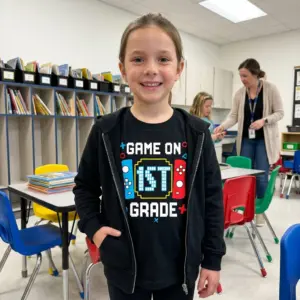 Game On 1st Grade T-Shirt for Kids 11 Kids enjoying back-to-school with 'Game On 1st Grade' shirts.