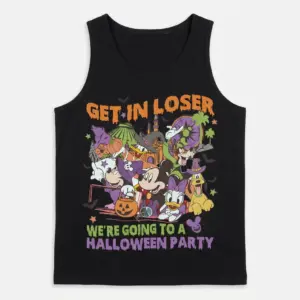 Get In Loser Halloween Party T-Shirt 7 Black tank top showcasing a vibrant Halloween party design centered around fun and spooky themes.