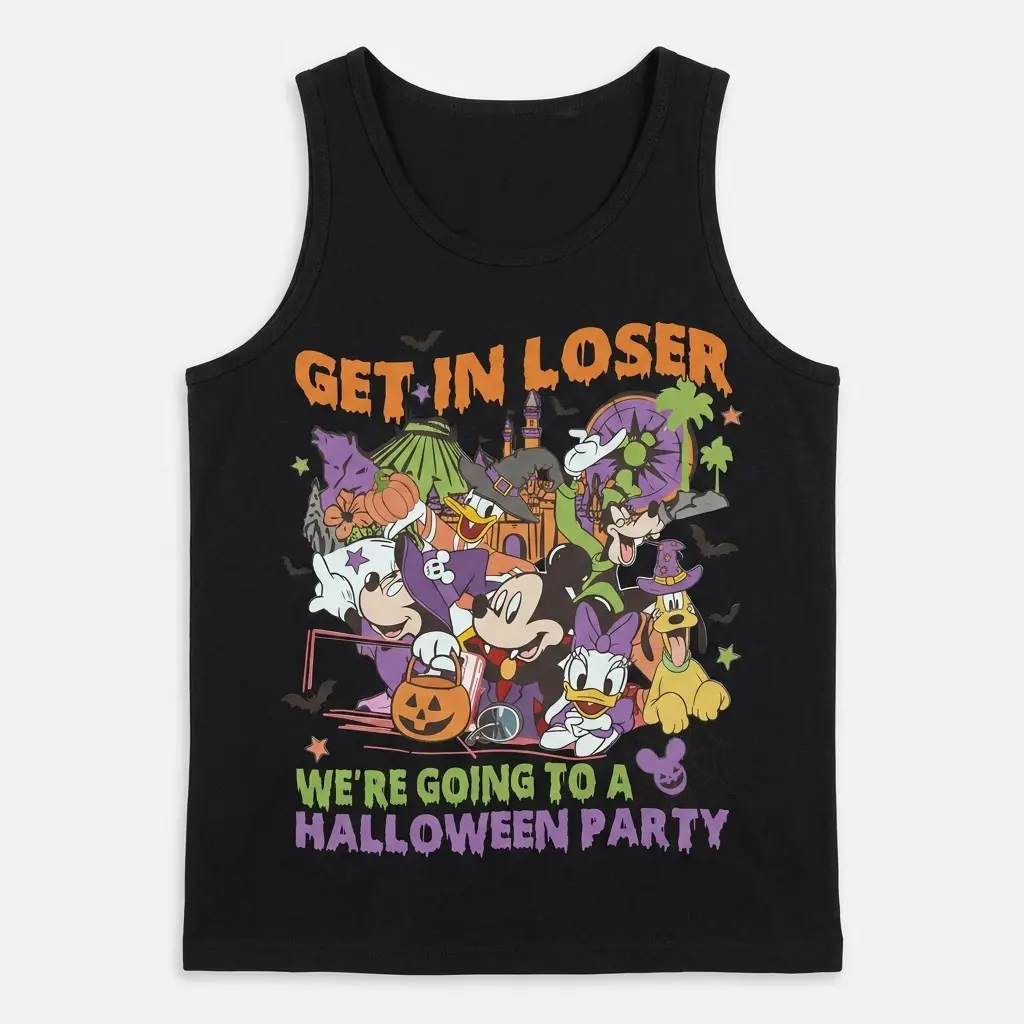 Black tank top showcasing a vibrant Halloween party design centered around fun and spooky themes.