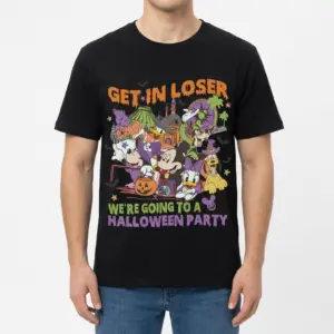 Get In Loser Halloween Party T-Shirt 8 Man wearing a black Halloween party t-shirt with a colorful graphic, ready to celebrate.