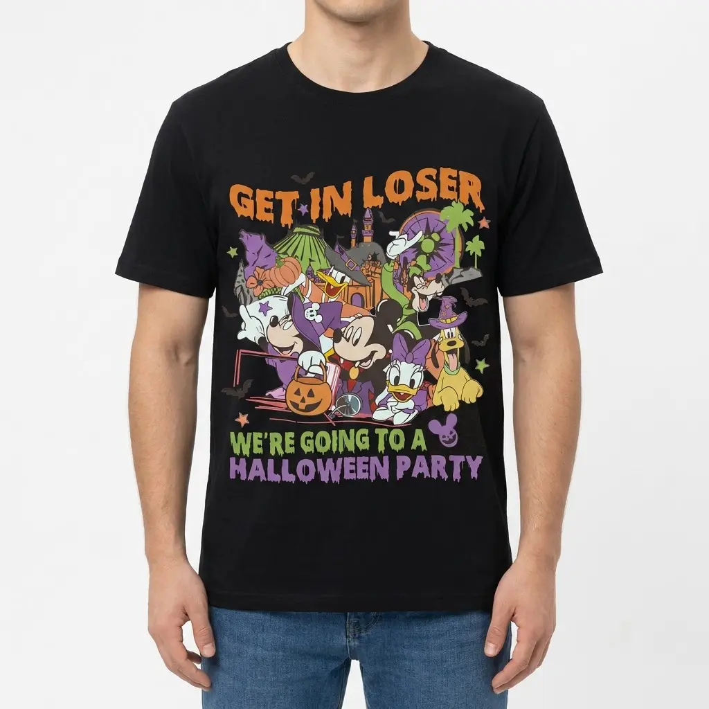 Man wearing a black Halloween party t-shirt with a colorful graphic, ready to celebrate.