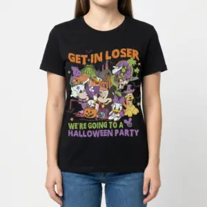 Get In Loser Halloween Party T-Shirt 9 Woman in a black Halloween party t-shirt displaying a festive design full of cheerful characters.