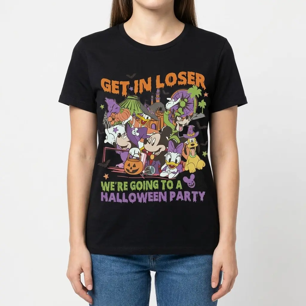 Woman in a black Halloween party t-shirt displaying a festive design full of cheerful characters.