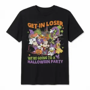 Black Halloween party t-shirt featuring a playful design with friends getting ready for Halloween.