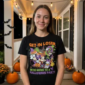 Get In Loser Halloween Party T-Shirt 10 Group of friends celebrating Halloween, wearing playful t-shirts and enjoying the festive atmosphere.