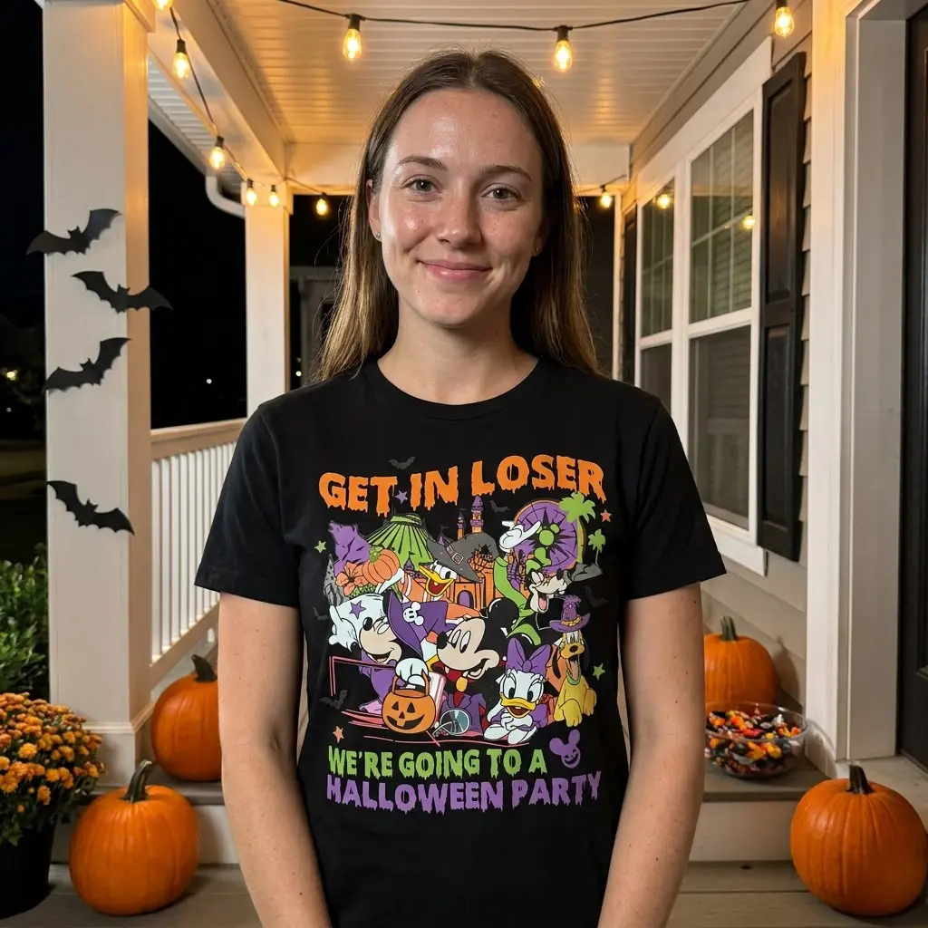 Group of friends celebrating Halloween, wearing playful t-shirts and enjoying the festive atmosphere.