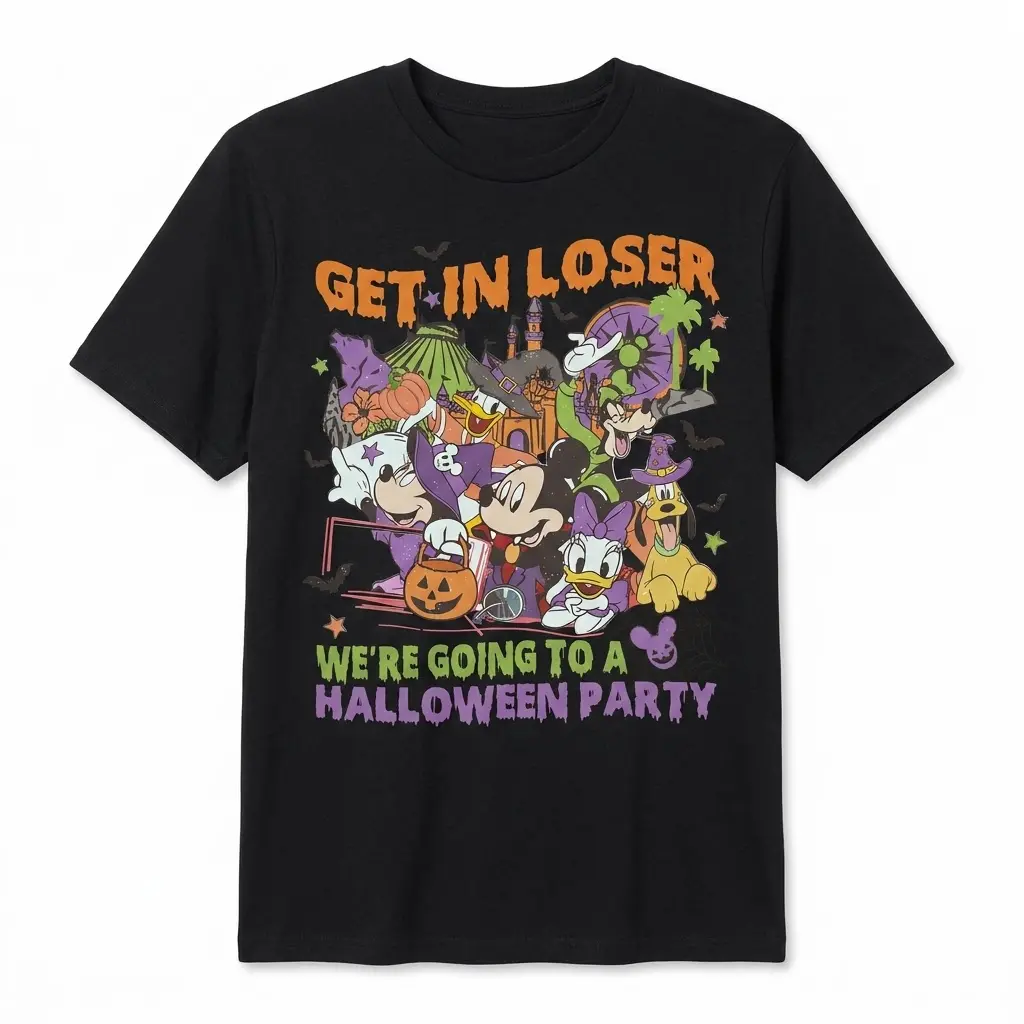 Black Halloween party t-shirt featuring a playful design with friends getting ready for Halloween.