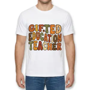 Gifted Education Teacher Retro T-Shirt 8 Man wearing a t-shirt with 'Gifted Education Teacher' text on front.