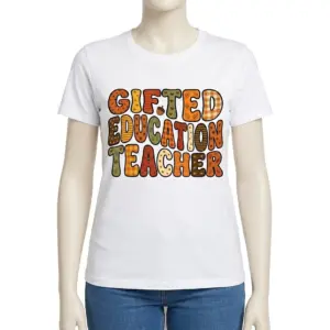 Gifted Education Teacher Retro T-Shirt 9 Woman modeling t-shirt with 'Gifted Education Teacher' design.