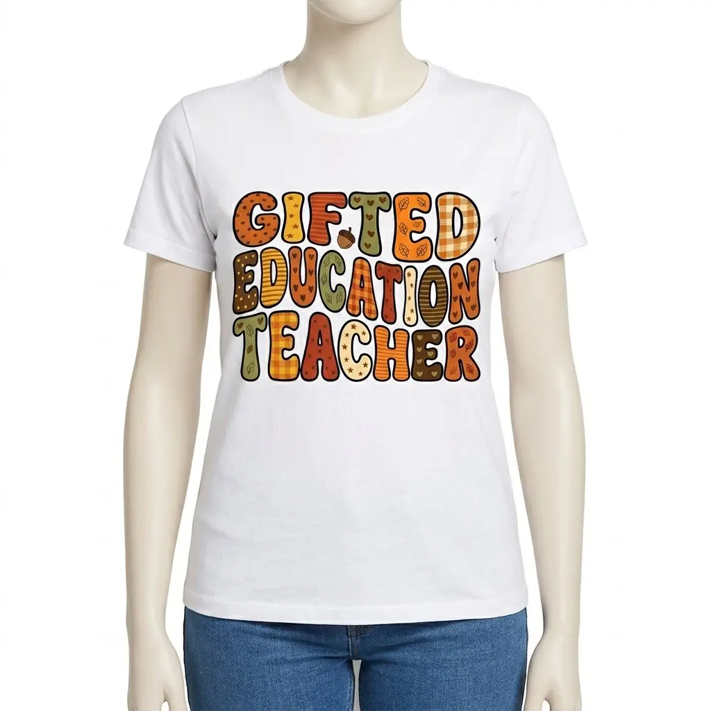 Gifted Education Teacher Retro T-Shirt 4 Woman modeling t-shirt with 'Gifted Education Teacher' design.