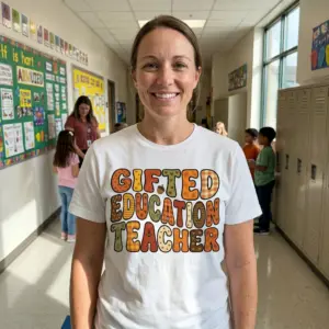 Gifted Education Teacher Retro T-Shirt 10 Person in a classroom setting wearing 'Gifted Education Teacher' t-shirt.
