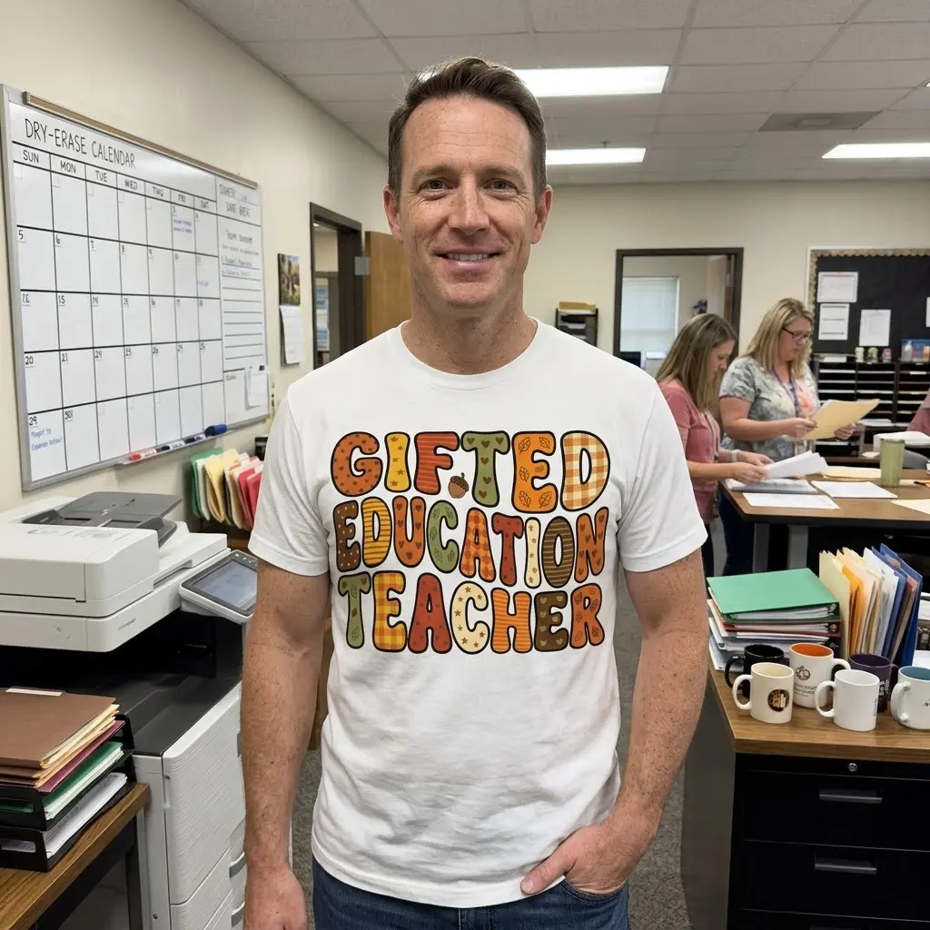 Gifted Education Teacher Retro T-Shirt 6 Educator at a desk wearing a retro 'Gifted Education Teacher' t-shirt.