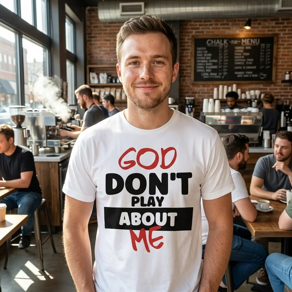 God Don't Play About Me Christian T-Shirt 6 Person wearing a T-shirt with bold 'God Don't Play About Me' message, casual setting.