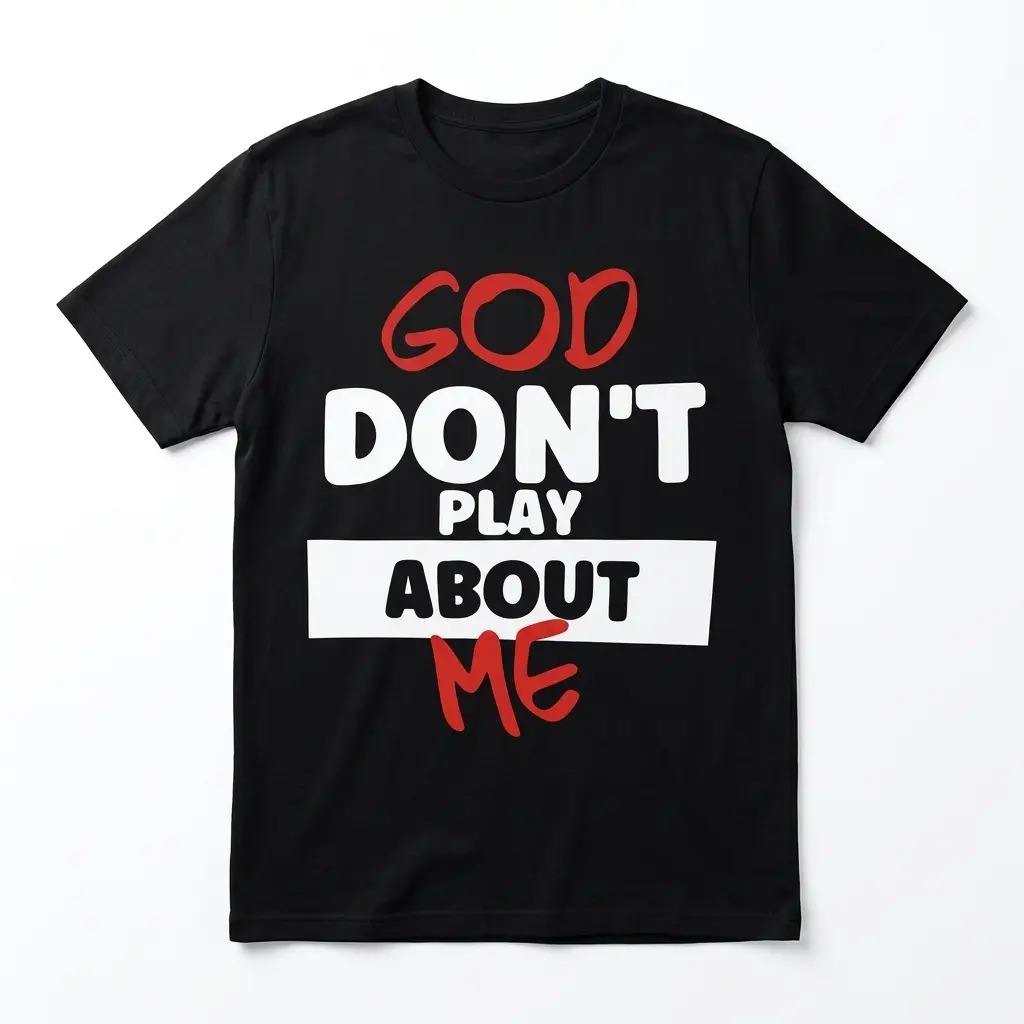 God Don't Play About Me Christian T-Shirt 1 Black T-shirt with 'God Don't Play About Me' slogan in bold red and white letters.