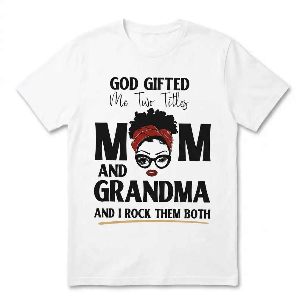 God Gifted Me Two Titles Mom and Grandma T-Shirt 1 White T-shirt with text 'God Gifted Me Two Titles Mom and Grandma' and illustrated woman.