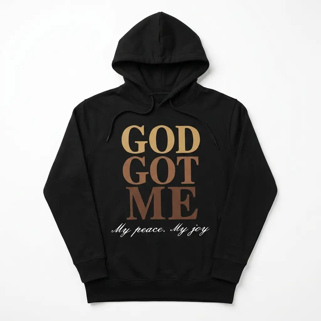 Front view of a faith-themed T-shirt with 'God Got Me' design.