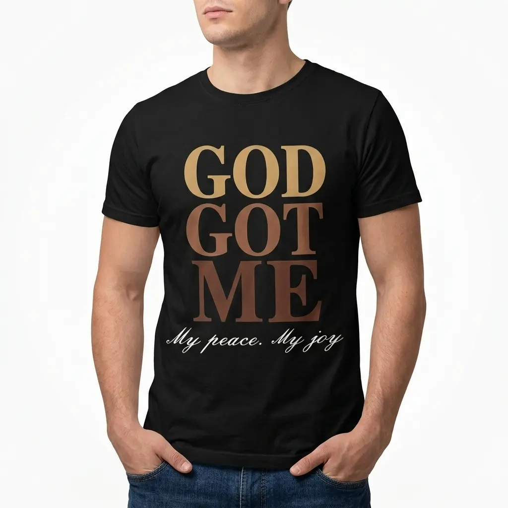 Faith-focused T-shirt featuring 'God Got Me' slogan.