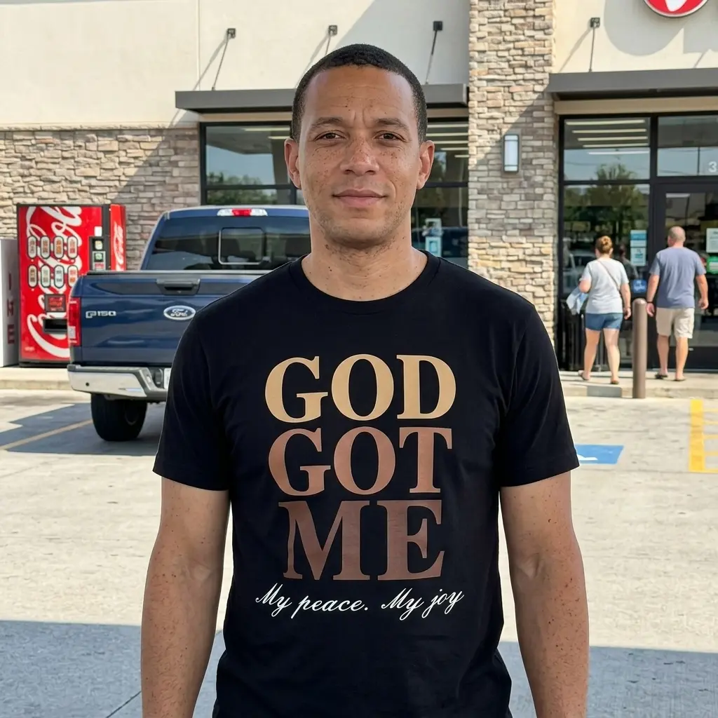 Model wearing 'God Got Me' Christian T-shirt in lifestyle setting.