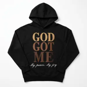 God Got Me Retro Christian Faith T-Shirt 7 Close-up of 'God Got Me' text on black shirt.