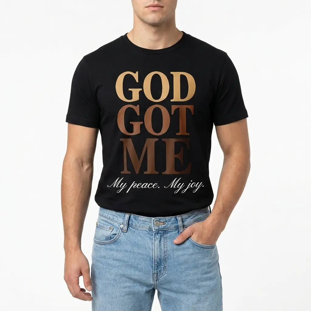Black shirt featuring bold 'God Got Me' lettering.