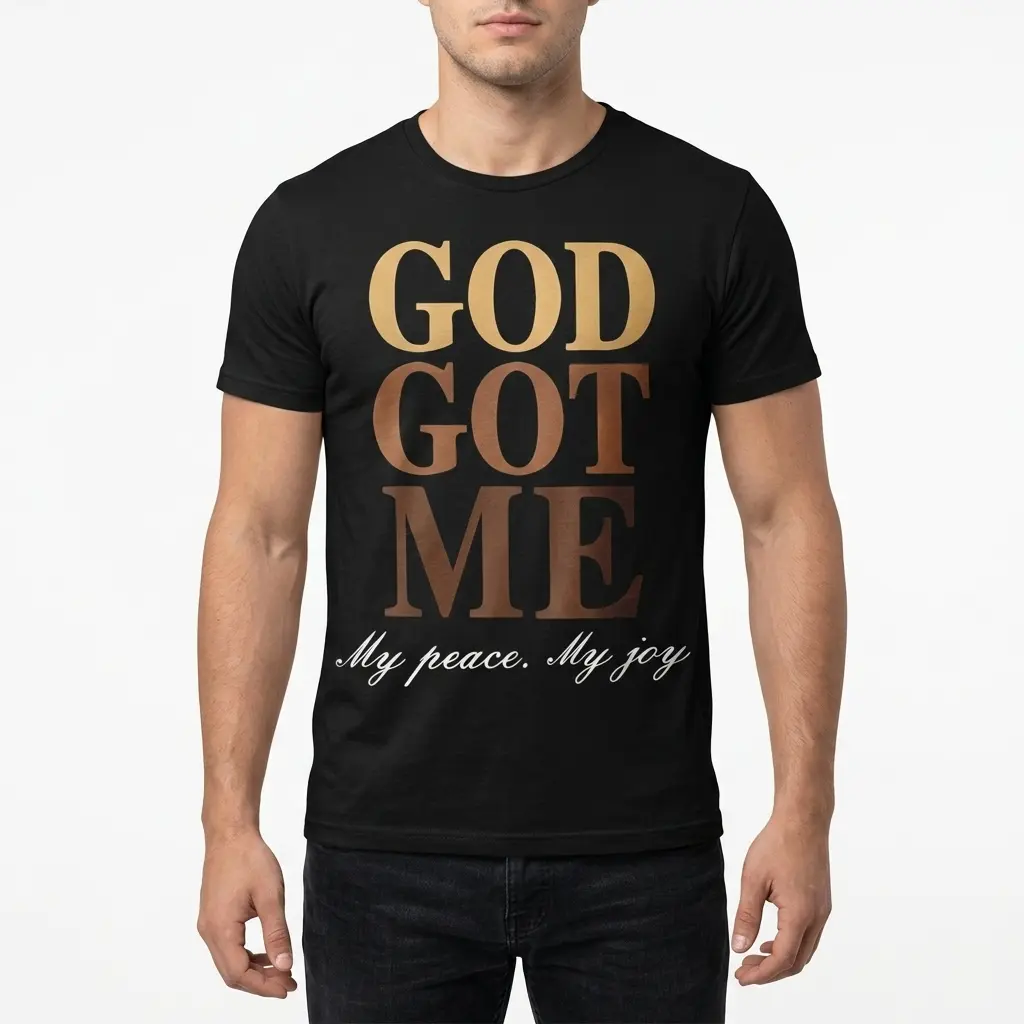 Detailed view of 'God Got Me' design on black tee.
