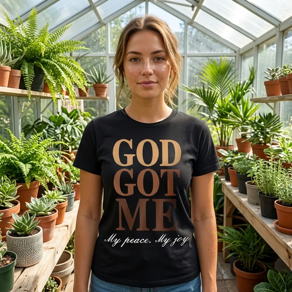Model wearing black 'God Got Me' faith T-shirt.