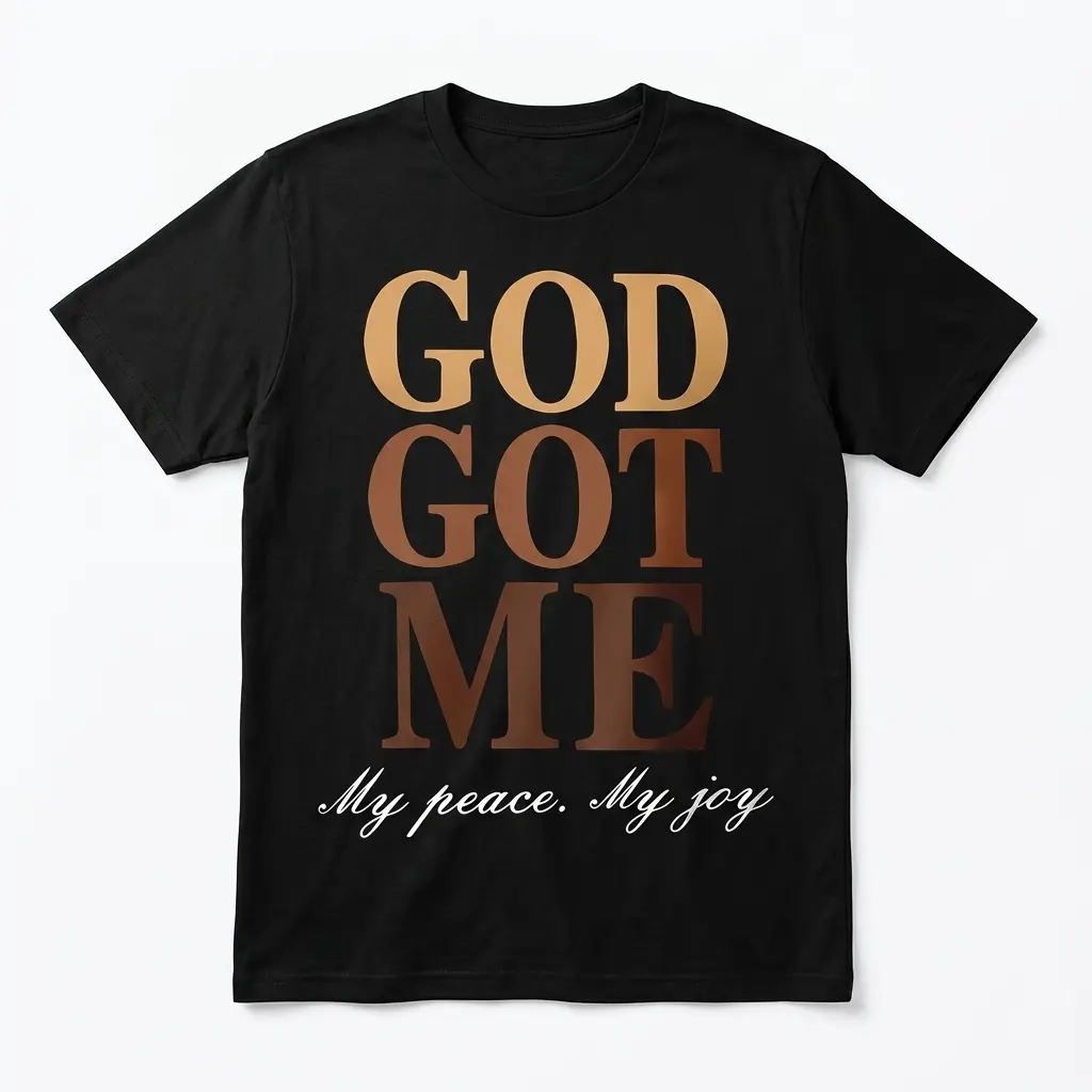 Black T-shirt with 'God Got Me' design in warm tones.