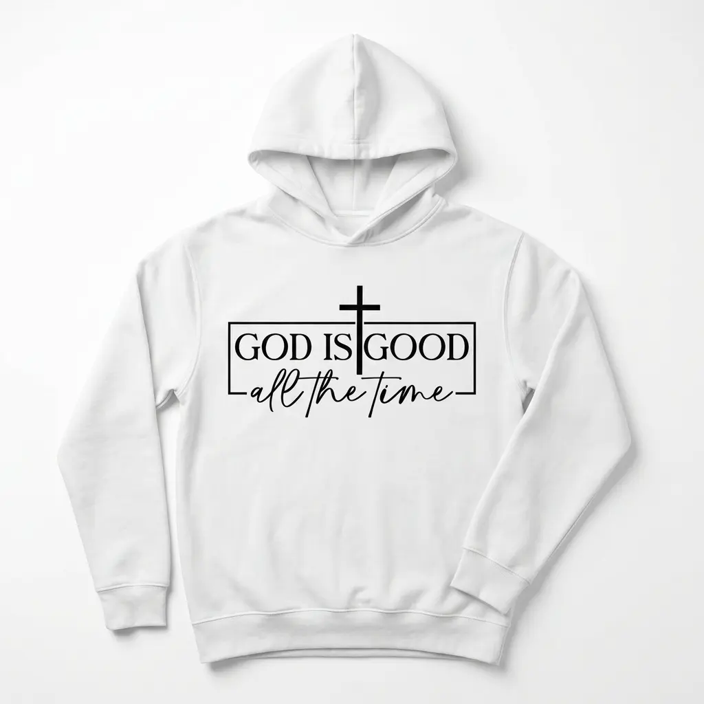 White shirt featuring 'God Is Good All the Time' with a cross symbol.