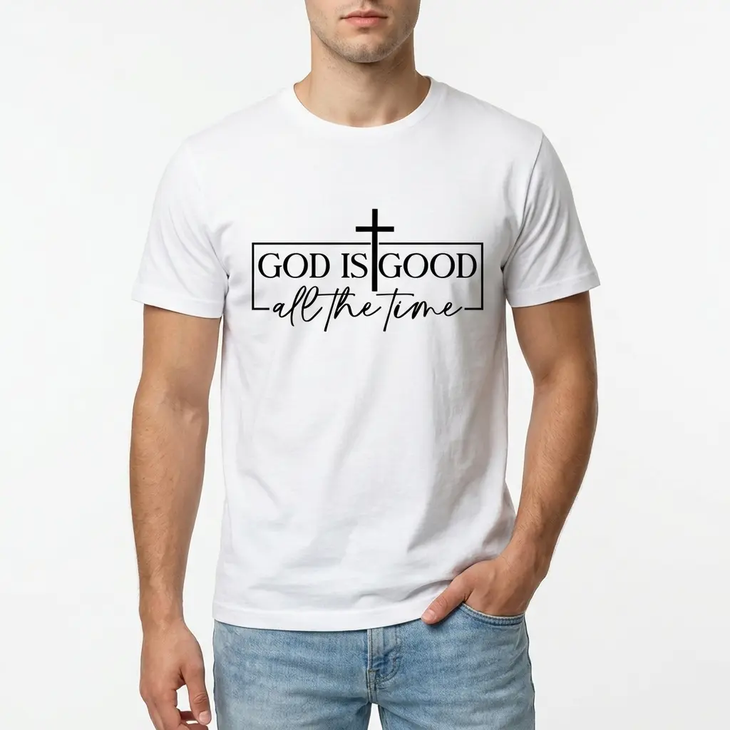 Front view of T-shirt displaying 'God Is Good All the Time' text and cross.