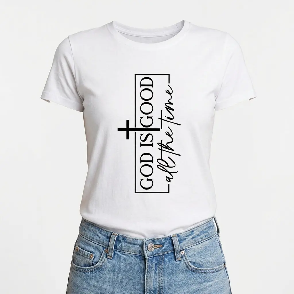 T-shirt with Christian text 'God Is Good All the Time' and cross design.