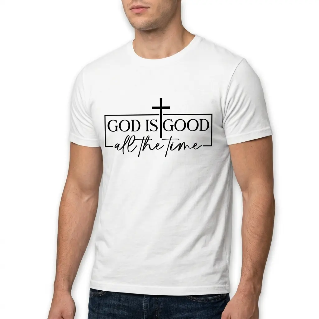 Close-up of 'God Is Good All the Time' T-shirt design with cross.