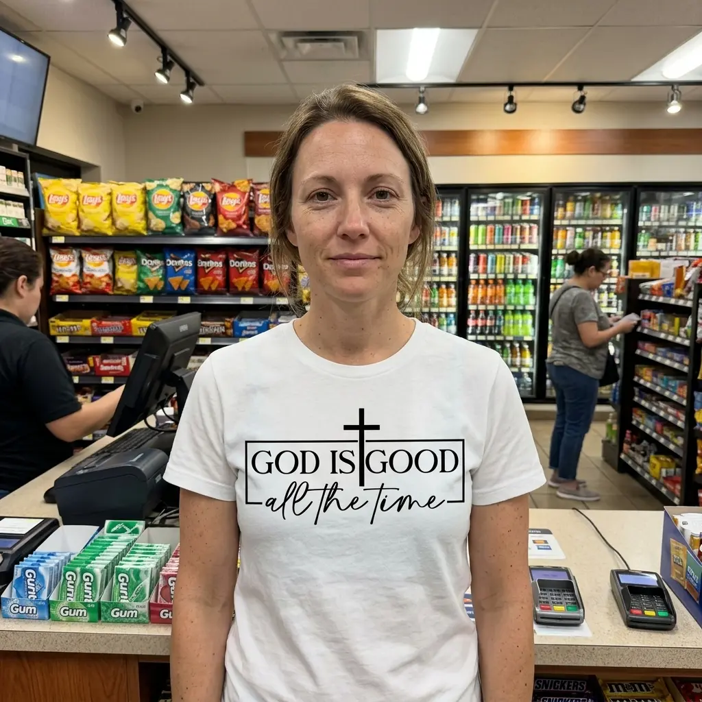 Person wearing T-shirt with 'God Is Good All the Time' and cross print.
