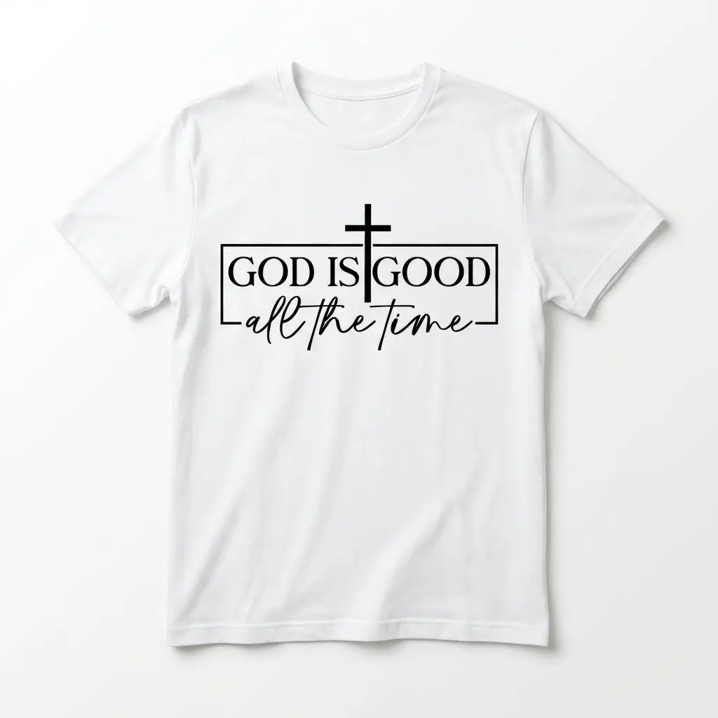 White T-shirt with 'God Is Good All the Time' and cross design.