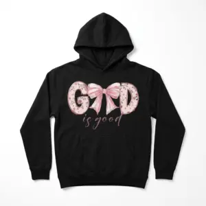 God Is Good Coquette Bow Christian T-Shirt 7 Black Christian shirt featuring pink bow and floral 'God is good' text.
