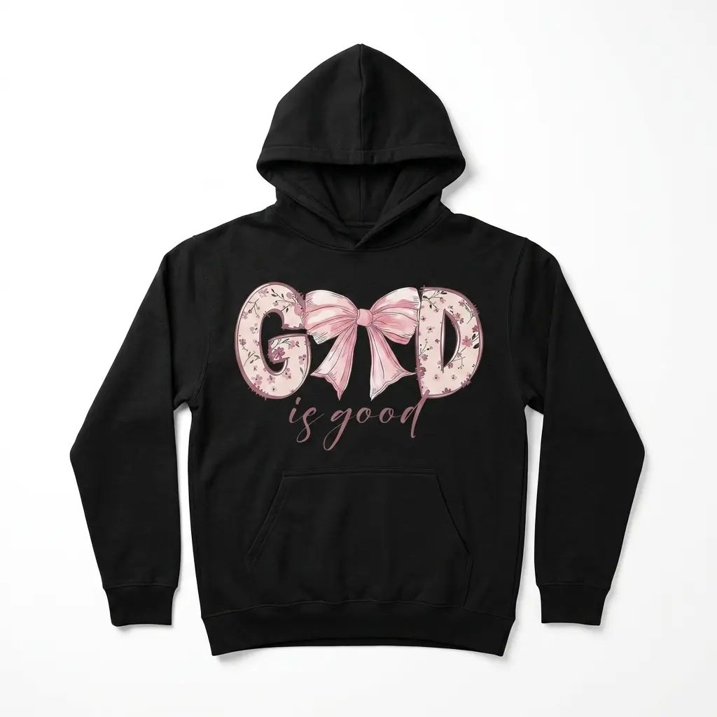God Is Good Coquette Bow Christian T-Shirt 2 Black Christian shirt featuring pink bow and floral 'God is good' text.