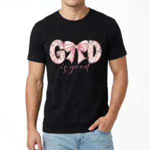 God Is Good Coquette Bow Christian T-Shirt 8 Coquette bow Christian t-shirt, black with pink lettering.
