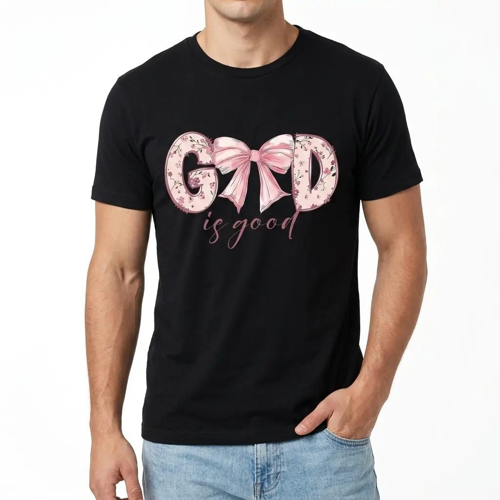 God Is Good Coquette Bow Christian T-Shirt 3 Coquette bow Christian t-shirt, black with pink lettering.