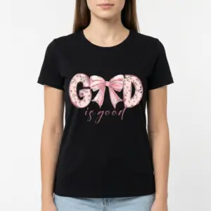 God Is Good Coquette Bow Christian T-Shirt 9 Faith shirt in black, accented with pink floral design and bow.
