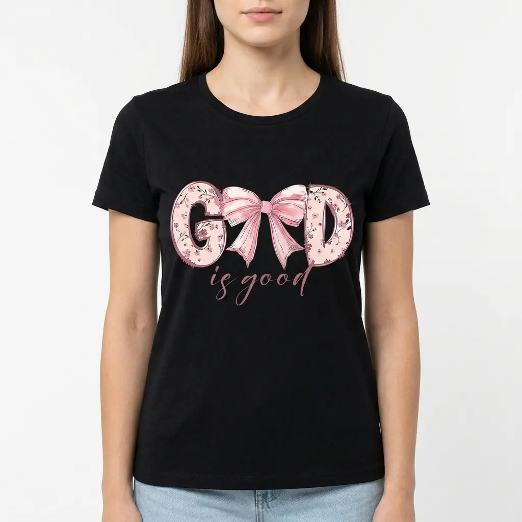 God Is Good Coquette Bow Christian T-Shirt 4 Faith shirt in black, accented with pink floral design and bow.