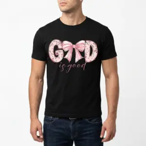 God Is Good Coquette Bow Christian T-Shirt 10 T-shirt with Christian message, pink floral bow on black.