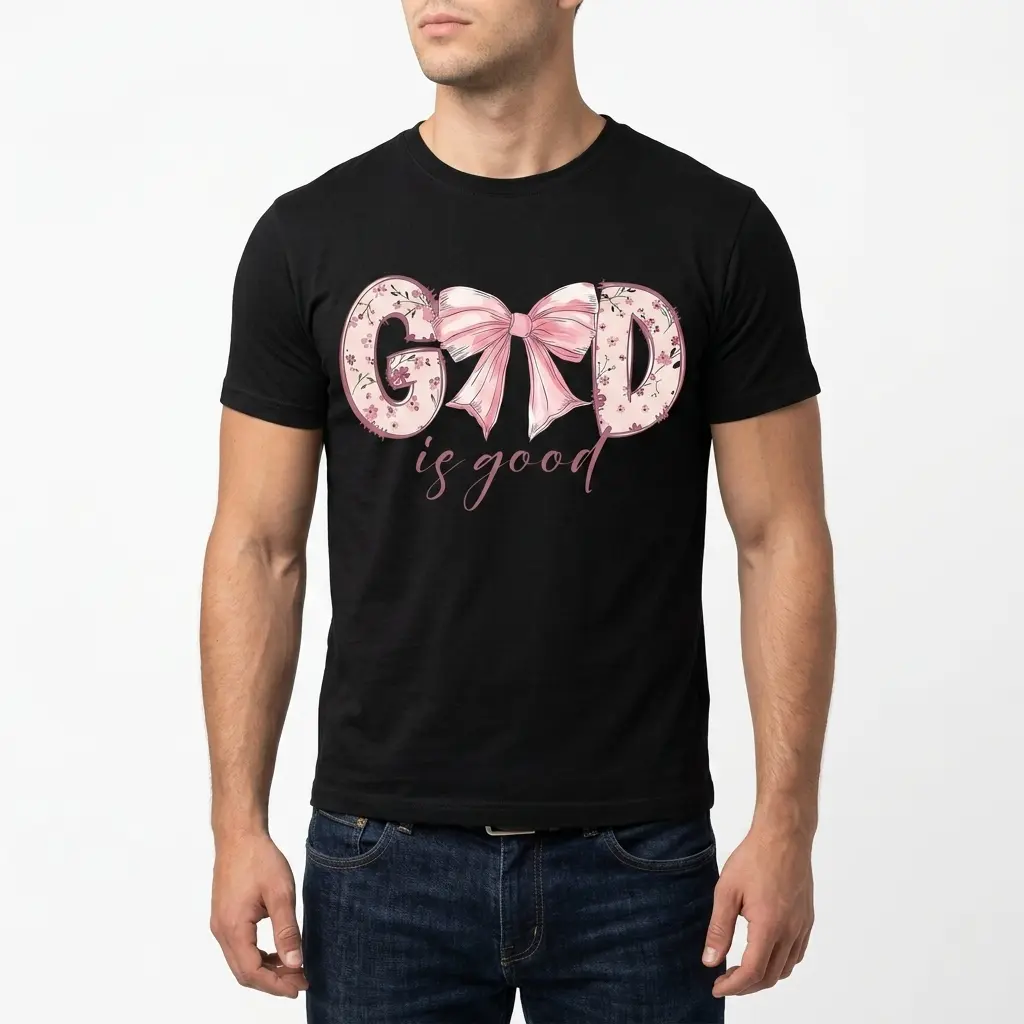 God Is Good Coquette Bow Christian T-Shirt 5 T-shirt with Christian message, pink floral bow on black.