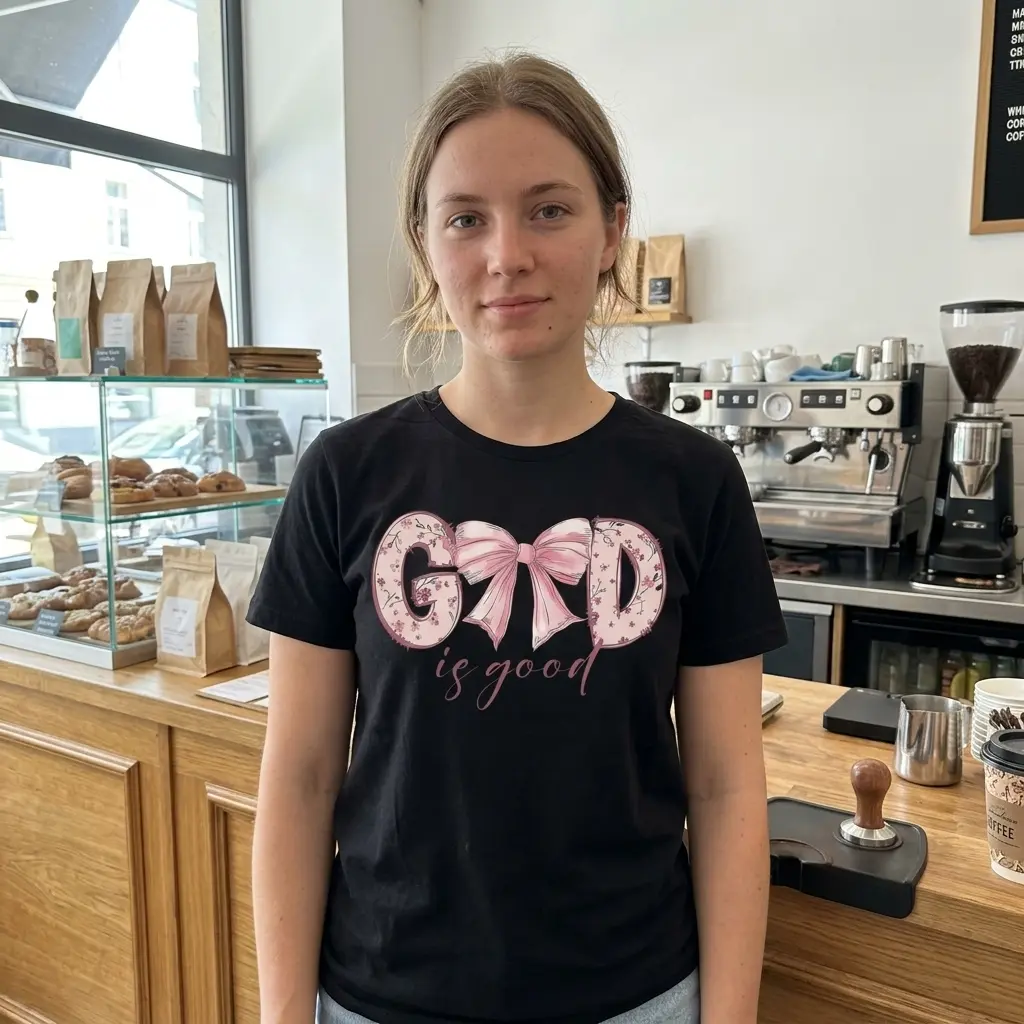 God Is Good Coquette Bow Christian T-Shirt 6 Person wearing black t-shirt with 'God is good' pink floral design.