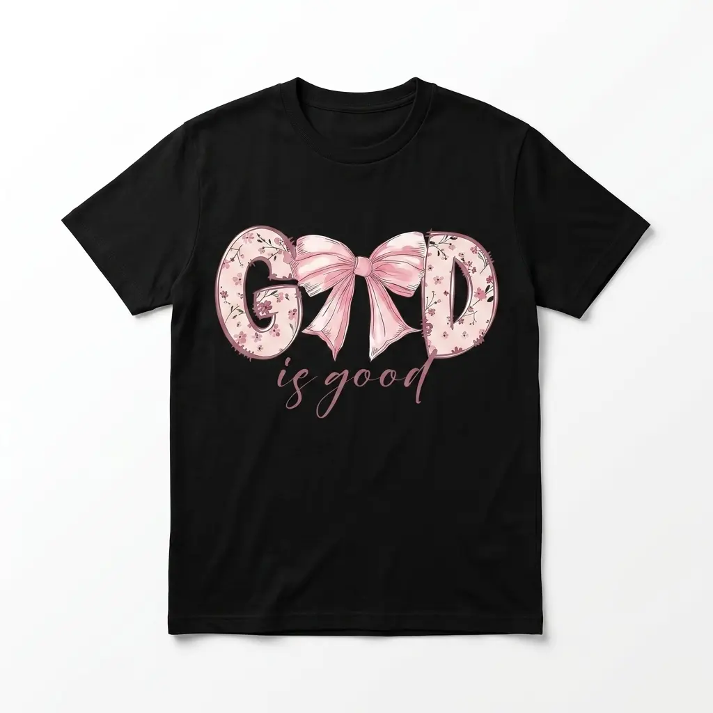 God Is Good Coquette Bow Christian T-Shirt 1 Black t-shirt with 'God is good' in pink floral letters and a bow.