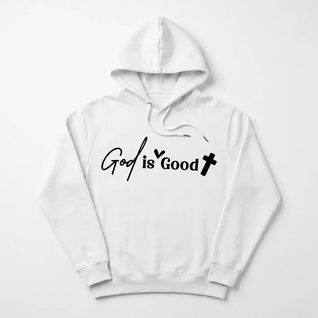 God Is Good Minimalist Christian T-Shirt 2 White t-shirt, frontal view with 'God Is Good' text and cross.