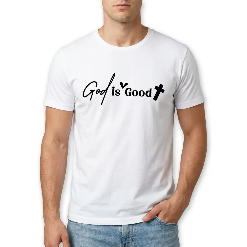 God Is Good Minimalist Christian T-Shirt 3 God Is Good' shirt with simple typography and cross on white fabric.